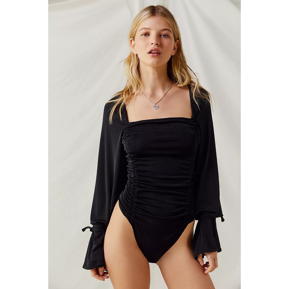 NEW Free People Meant To Be Bodysuit Black Square Neck Ruched - Size Large